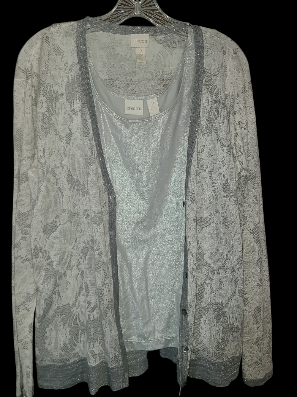 Chico's Silver Lace Cardigan with Shimmer Tank